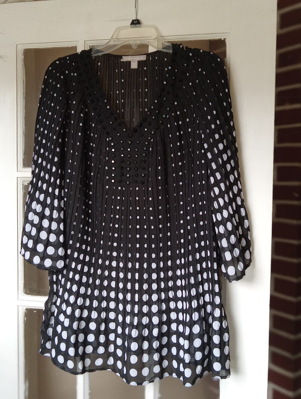 Woman Within Embellished Pleated Blouse 1X Black White Polka Dot Tunic Top